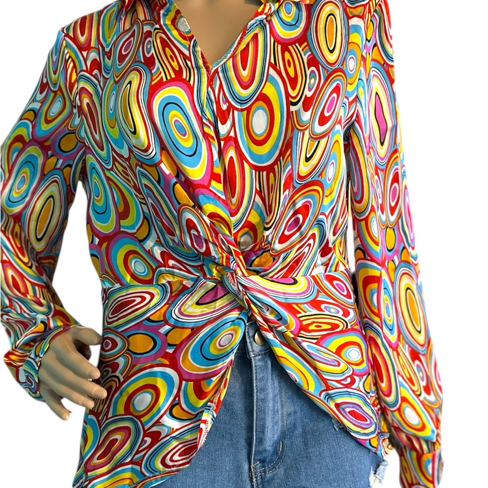 SHEIN Orange Red Wrap Blouse Long Sleeve Graphic